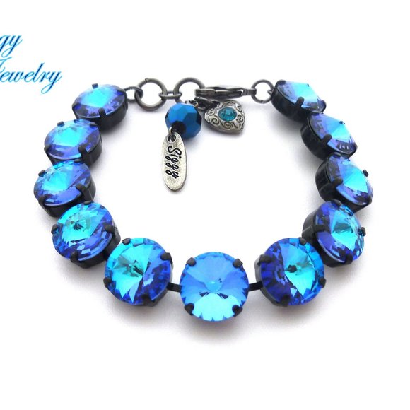 Royal Blue Delite Rivoli Crystal Bracelet, Large 12mm Rivoli, Noir black Finish - Picture 5 of 8